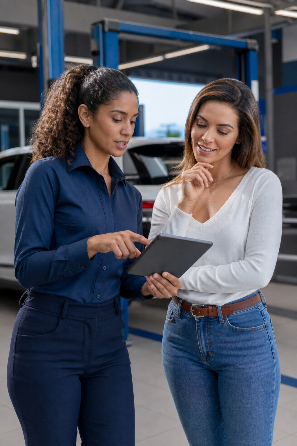 Consultora automotiva atendendo uma cliente na oficina Regulex
